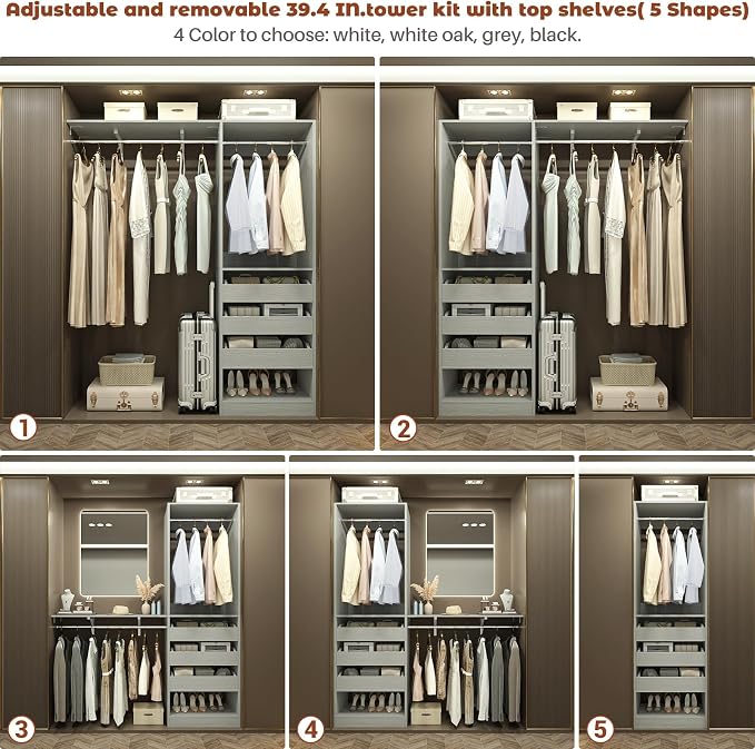 5FT Closet System with 3 Half-Open Wooden Drawers, 60'' Closet Organizer System with 2 Reversible Hanging Rods and Big Wing Shelf, 80" Tall Wall Mounted Wardrobe for Walk-in Closets, Grey