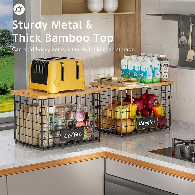 2-Pack Stackable Wire Baskets with 2 Pads & Bamboo Top, Pantry Organizer | Potato and Onion Storage Bin with Labels, Organize Produce/Fruit/Vegetable on Kitchen Counter, Cabinet or Under Sink, XL