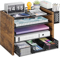 Simple Trending 5-Tier Wood Desk Organizer with Drawer & Pen Holder | 9"L x 12.75"W x 9.75"H. 4 trays + drawer + pen holder. Natural wood + metal. Fits letter-size. Easy assembly. 24h support.