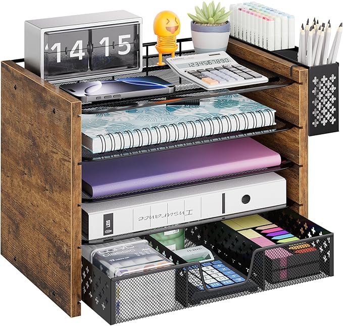 Simple Trending 5-Tier Wood Desk Organizer with Drawer & Pen Holder | 9"L x 12.75"W x 9.75"H. 4 trays + drawer + pen holder. Natural wood + metal. Fits letter-size. Easy assembly. 24h support.