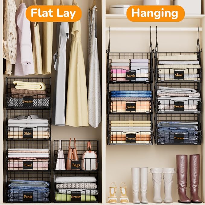 Hanging Closet Organizers and Storage, 5 Tier Closet Shelf Clothes Organizer with 2 S-Hooks, Multi-Functional Iron Wire Baskets, for Clothing, Sweaters, Handbags, Hat, Canned