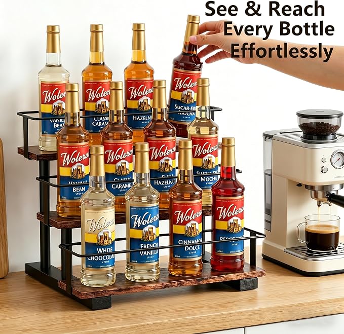 3-Tier Coffee Syrup Rack, Holds 12 Bottles, Rustic Wood & Metal | Stepped display for coffee bar, fits liquor, spice jars & extracts, space-saving countertop.