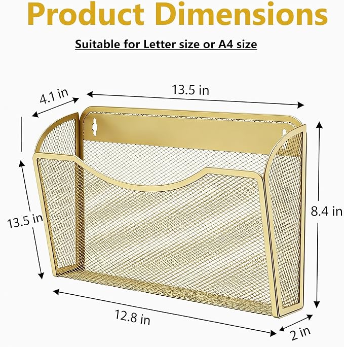 Gawerk Mesh Hanging Wall File Holders, Metal Vertical Wall Basket Mail Organizer for Office/Home (Gold, 3 Pack Wall Mounted)