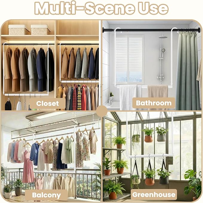Stepless Extender Closet Hanging Rod - Heavy Duty Closet Rods for Hanging Clothes, Adjustable Width & Height, Space-Saving White Closet Organizer for Hanging & Drying Clothes, Easy to Install