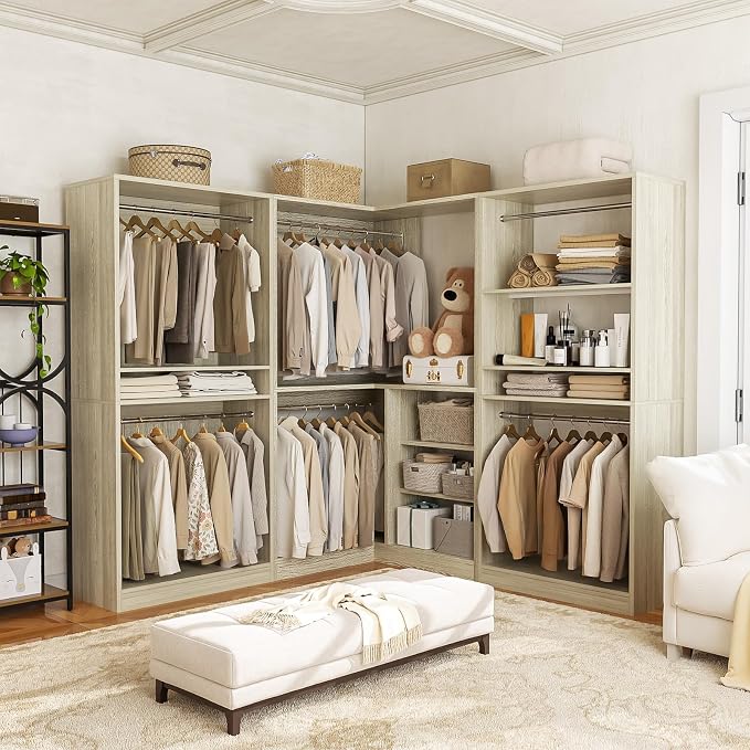 Unikito 108” Corner Closet System, 3-Piece L-Shaped Closet Organizer with 2 Closet Towers and 1 Corner Unit, Heavy Duty Wood Garment Rack with 6 Hanging Rods, Freestanding Walk-in Wardrobe, White Oak