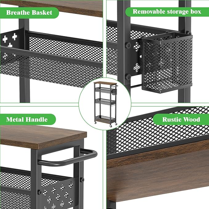 4 Tier Slim Rolling Storage Cart, Laundry Room Cart on Wheels, Small Metal Bathroom Cart Kitchen Organizer Trolley with Handle and Mesh Basket, 7.1 inch Width for Narrow Space, Black