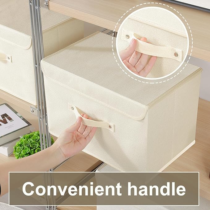 Fabric Storage Bins Cube Organizers with Flip-Top Lid and Handles,Storage Boxes for Organizing Home,Office,and Closet,Beige,3 Pack 10.2 X 7.9 X 6.7 in