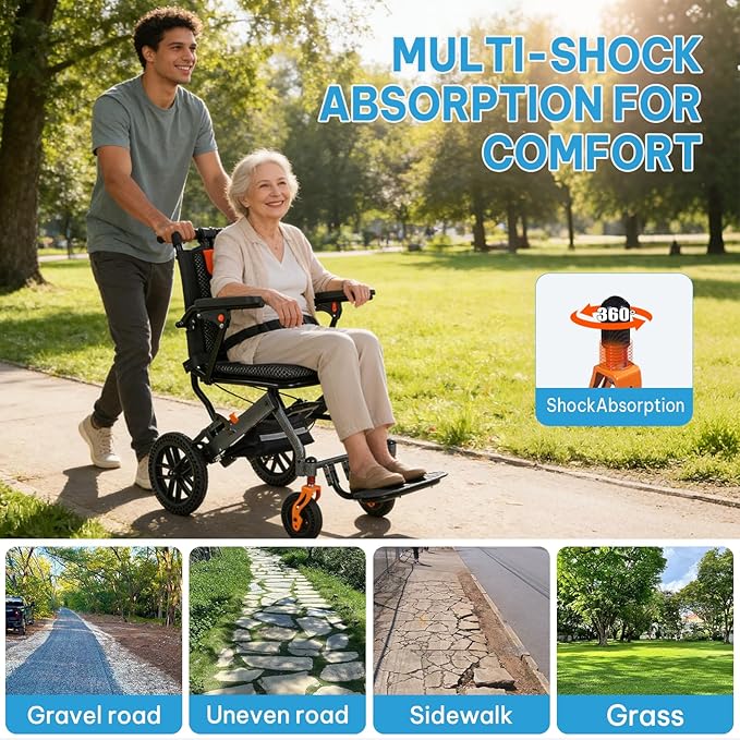 Carbon Fiber–Coated Wheelchairs for Adults, Transport Wheelchair Lightweight Foldable with Pull Rod, 10" Honeycomb Wheels, 16.2" Seat Width, 220 LBS Capacity, Includes Storage Bag