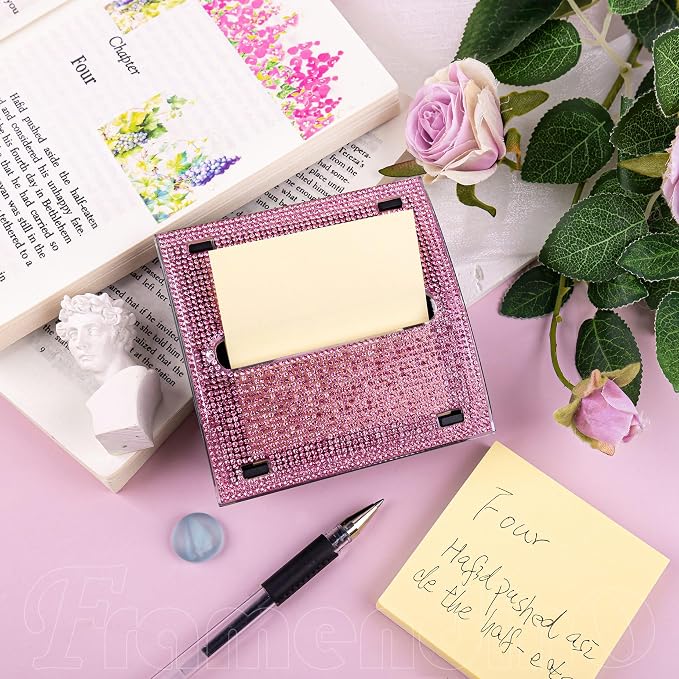 Framendino, Bling Self Sticky Note Holder 3 x 3 Inch Crystal Post It Notes Dispenser for Office Home Desk Accessories (Pink)