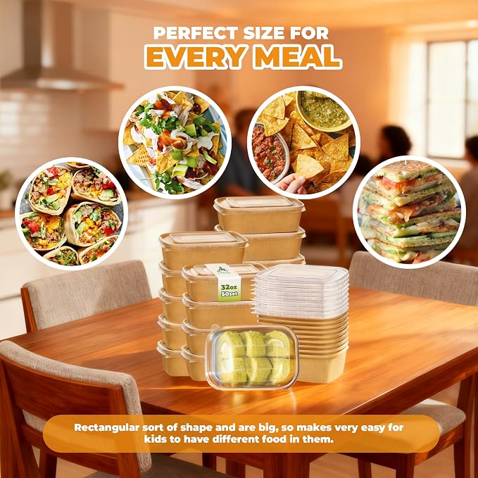 Kaderron 50 Pack 20 OZ Large Paper Bowls with Lids with Spoons and Forks, Heavy Duty Disposable Meal Prep Containers for Party, Soak-Proof and Microwave Safe for Hot/Cold Use
