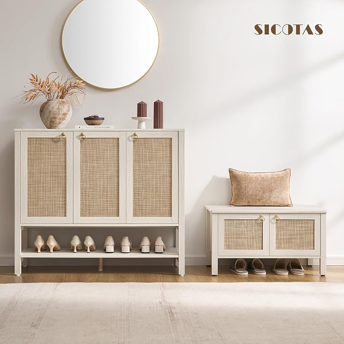 SICOTAS Rattan Shoe Cabinet with Storage, White Large Shoe Organizer | 30 Pairs Boho Shoe Rack Cabinet with 3 Doors & Adjustable Shelves for Entryway, Hallway, Living Room, Closet