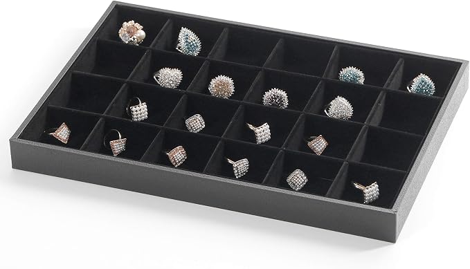Stratalife 24 Grid Jewelry Organizer Tray, Stackable Drawer Earring Organizer with Adjustable Dividers, Jewelry Display Tray for Necklace Earring Ring Bracelet, 13.8" x 9.4" x 1.2", Black