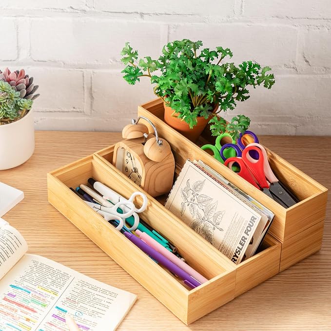 Kigley 8 Pcs Kitchen Bamboo Drawer Organizer Utensil Wooden Silverware Drawer Organizer Utensil Bamboo Storage Box Cutlery Holder Flatware Containers for Kitchen, Bathroom(12 x 3 x 2 Inch,Wood)