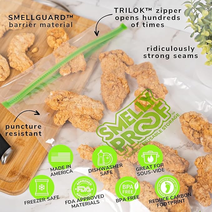 Smelly Proof Reusable Food Storage Bags, Reusable Freezer Bags, Made in USA, Dishwasher-Safe, BPA FREE, NO PEVA, Clear FLAT 2-Gallon 12” x 16”, 50-Pack