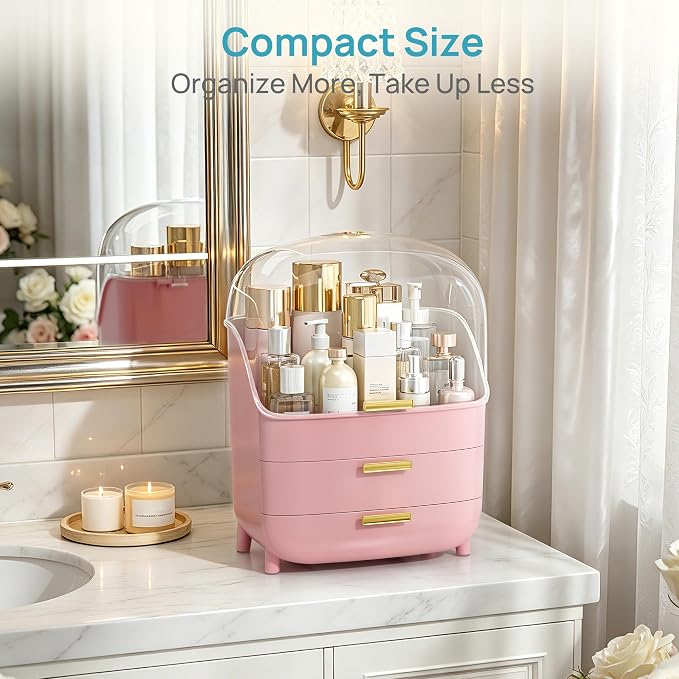 Vtopmart 3-Tier Skincare Makeup Organizer with Lids, Pink | With Drawers and Lid, For Vanity and Bathroom Countertop, Large Cosmetic Storage Box Case for Dresser, With Non-Slip Base