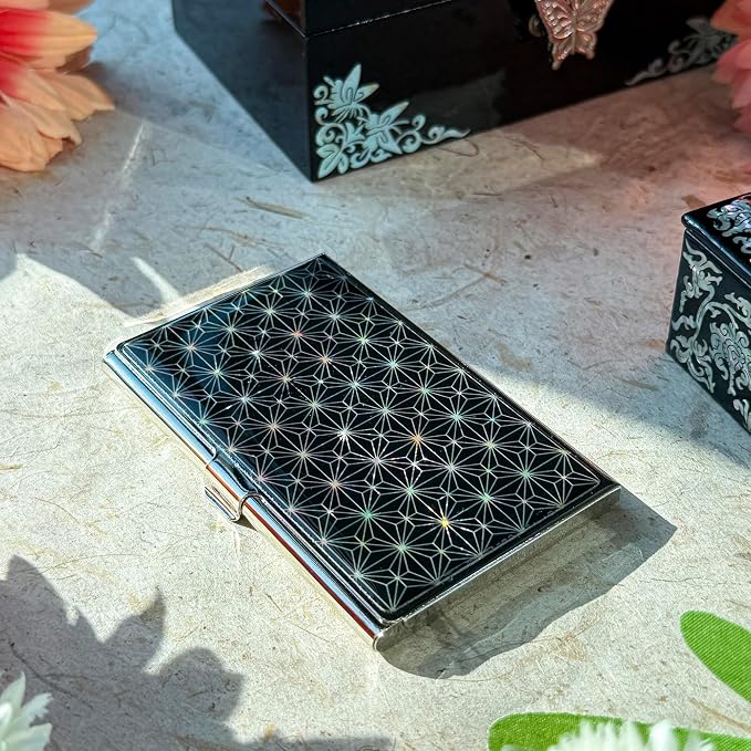 Mother of Pearl Business Card Case Credit Id Name Holder Travel Wallet Art Painting Design Metal Stainless Steel Engraved Slim Purse Pocket Cash Money Wallet (N_Mum Slim)