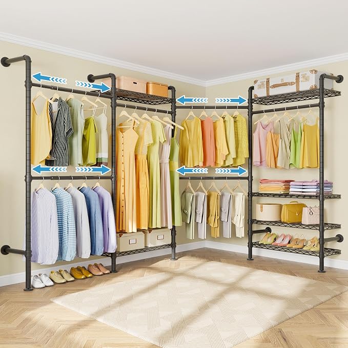Timate L4 L Shape Garment Rack Heavy Duty Clothes Racks for Hanging Clothes, Expandable Industrial Pipe Clothing Rack Wall Mounted Closet Racks Wardrobe Closet Kit Corner Closet System, Black