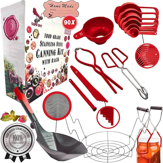 Supa Ant Complete Canning Supplies Starter Kit – 10pc Food-Grade Steel Set with XL Ladle, 6 Measuring Cups, Jar Lifter, Funnel, Canning Rack (7-Jar Capacity) & 90 Labels – Beginner-Friendly, Red