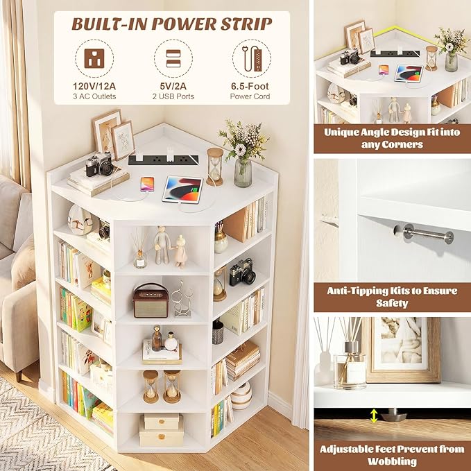 Aheaplus Corner Cube Book Shelf, 6-Tier Corner Cabinet with Power Outlets, Corner Cube Storage Shelf with Top Table, Wooden L Shaped Cubby Bookcase for Home Office, Bedroom, Living Room, White