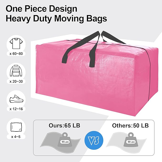 VELVETSURE 12 Pack Heavy Duty Large Moving Bags W/Backpack Straps - Strong Handles & Zippers, Storage Totes For Space Saving, Fold Flat, Alternative to Moving Box and Storage Bin, Pink