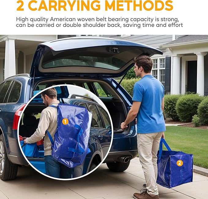 HealSmart 8 Pack Extra Large Moving Bags with Zippers & Carrying Handles, Heavy-Duty Storage Tote Moving Boxes for Dorm Room Essentials Storage Bags, Blue