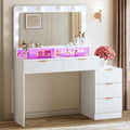 HUAHUU Fluted Vanity Desk with Mirror and Lights, Makeup Vanity Desk with Glass Top, Nightstand & Fluted Panel Design, 5 Drawers, 3 Colors Lighting Adjustable Brightness, Power Outlet, White