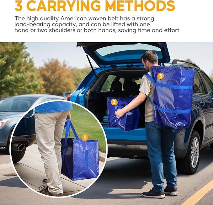 HealSmart 4 Large Moving Bags with Backpack Straps Moving Supplies with Zippers & Handles, Heavy Duty Totes for Space Saving, Fold Flat, Moving and Storing