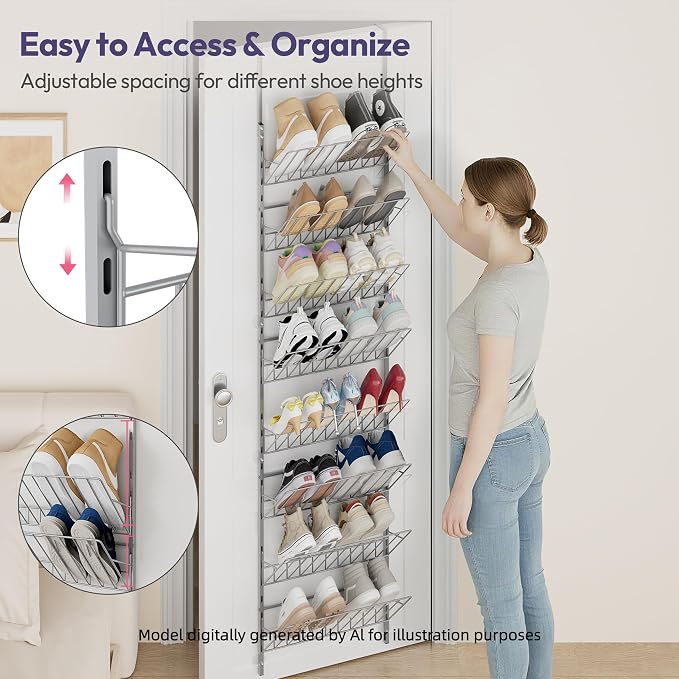 SWTYMIKI Over the Door Shoe Organizer - Adjustable 8 Tier Hanging Shoe Rack Organizer, Metal Heavy Duty Behind Door Storage or Wall Mount Shoes Shelf for Flats, Heels, Sneakers, Boots, Silver