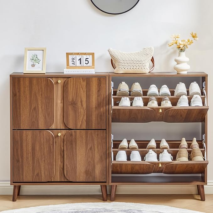 BERRYMERRY Shoe Cabinet with 2 Flip Drawers,Wood Hidden Shoes Storage Cabinet with Fluted Recessed Design, Freestanding Shoe Organizer Cabinet for Entryway, Hallway, Living Room