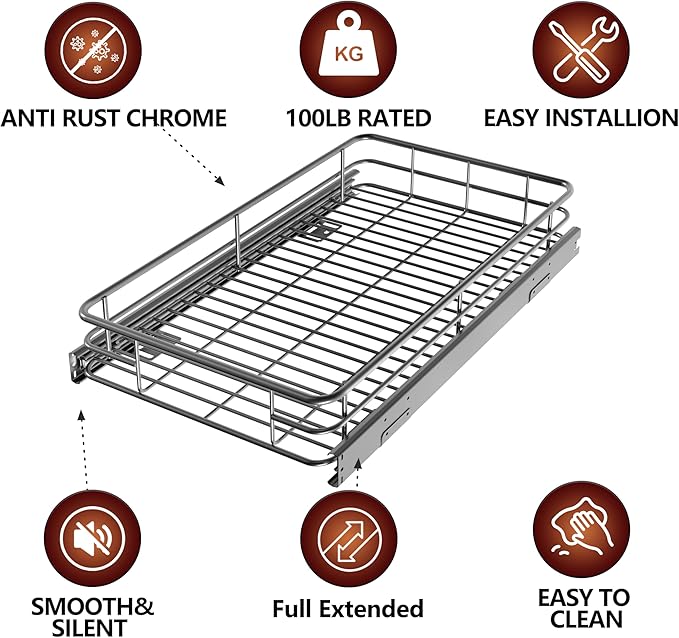 JOWBOOW Cabinet Pull Out Shelves (14" W x 21" D), Heavy-Duty Pull Out Shelves for Kitchen Cabinets, Chrome-Plated Steel Slide Out Shelf