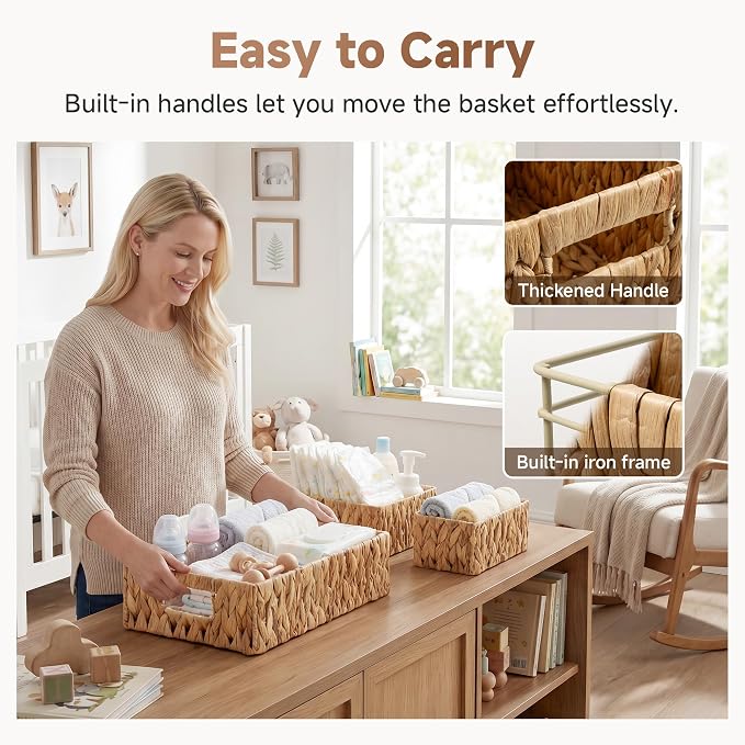 StorageWorks Pantry Baskets for Shelves 3 Pack, Rectangular Wicker Basket with Handles, Natural Water Hyacinth Woven Baskets for Living Room, Toilet, Shelf Storage Basket for Home Decor