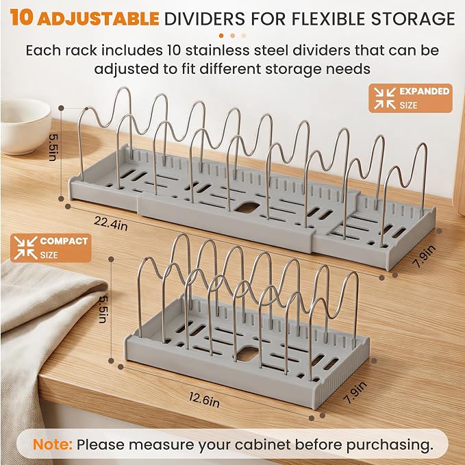 2 Pack Expandable Pot Lid Organizers with 10 Adjustable Dividers | 12.6-22.4 Inch Pots and Pans Organizer Rack Under Cabinet, Countertop, Pan Lids, Bakeware, Food Container Lids, Grey