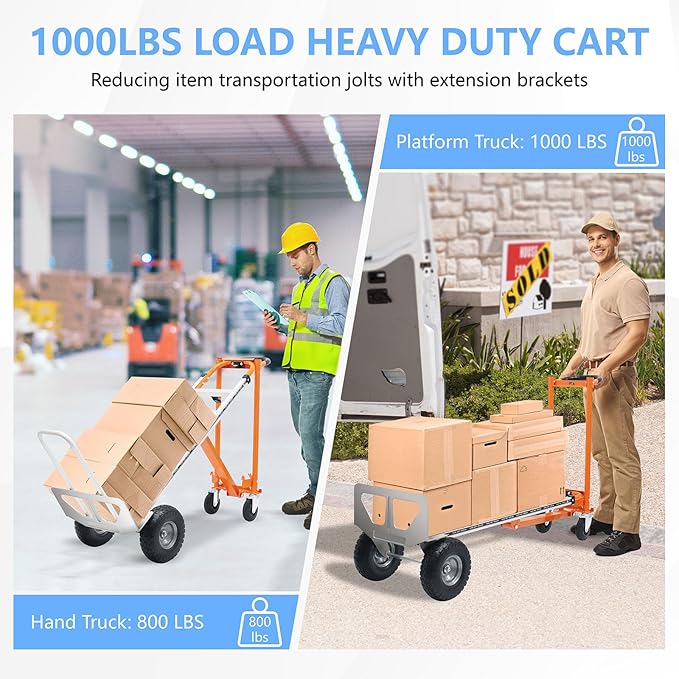 4 in 1 Convertible Hand Truck, Folding Hand Truck Dolly Cart with Solid Wheel, 1000LBS Heavy Duty Aluminum Hand Dolly for Logistics, Shopping, Home, Office Moving