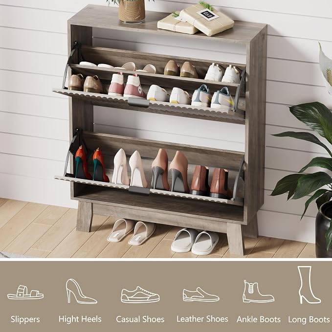 HUANLEGO Shoe Cabinet Storage for Entryway with 2 Flip Drawers, Fluted Narrow Shoe Organizer with Wooden Legs, Freestanding Slim Shoe Storage Hidden Shoe Rack Organizer for Front Door Entrance, Grey