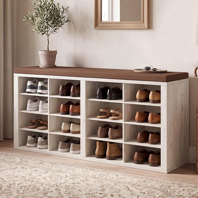 Shoe Rack Bench, Shoe Storage Bench with Cushion, Shoe Organizer 16 Cubbies for Entryway Hallway Bedroom Living Room, Holds Up to 400lbs