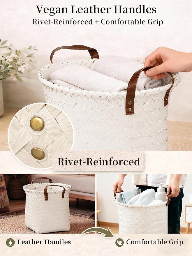 Hand Woven Baskets for Storage, 4Pcs Water-Resistant Wicker Baskets, White Wicker Storage Baskets for Shelves, Large Basket with Handle for Organizing, Closet, Laundry, Blanket - Round