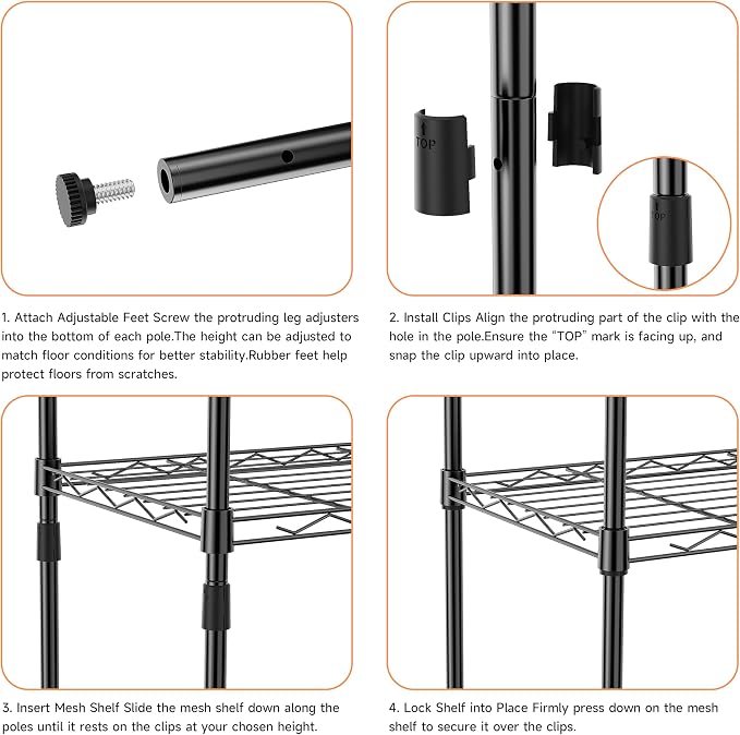 IZEUK 3 Tier Metal Wire Shelving Rack Storage Shelves for Kitchen, Bedroom, Living Room or Laundry Room, Black, 17.7" W x 11.8" D x 28.8" H