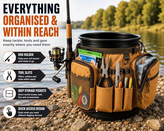 Katai Fishing Bucket Organizer for 5-Gallon Bucket – Heavy-Duty Water-Resistant Tackle Bag with Rod & Pliers Holders – Adjustable Straps & Multi-Pocket Design