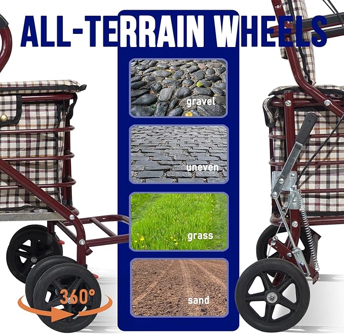 Foldable Shopping Cart with Seat, All-Terrain Wheels, 220 lbs Capacity, Comfortable Thickened Cushion, Easy to Fold and Store, FitS 59-72 Inches, 220lbs, Red