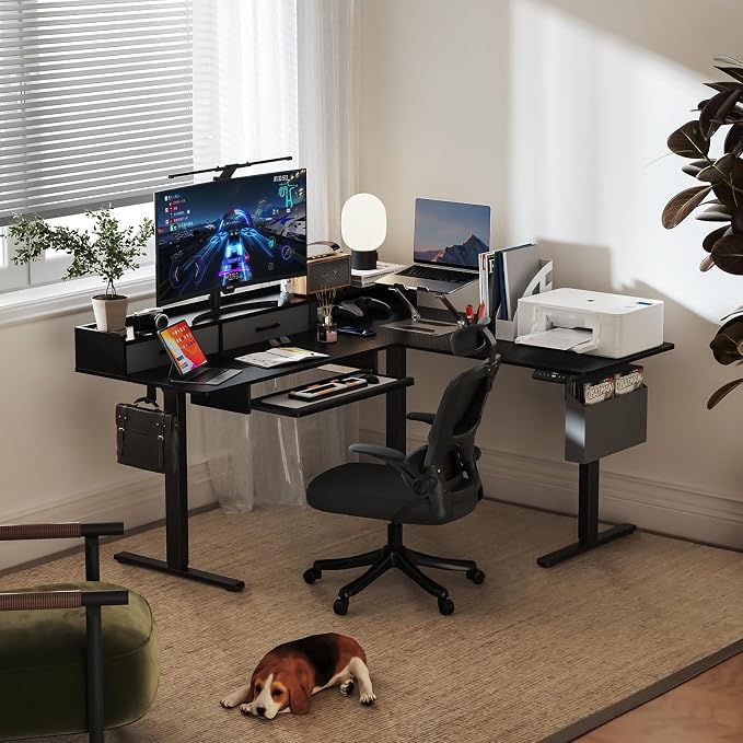 WALKINGDESK 63 Inches L Shaped Standing Desk with Keyboard Tray and 2 Drawers, L Shaped Electric Standing Desk, Adjustable L Shaped Office Desk,Corner Standing Desk for Home Office, Black
