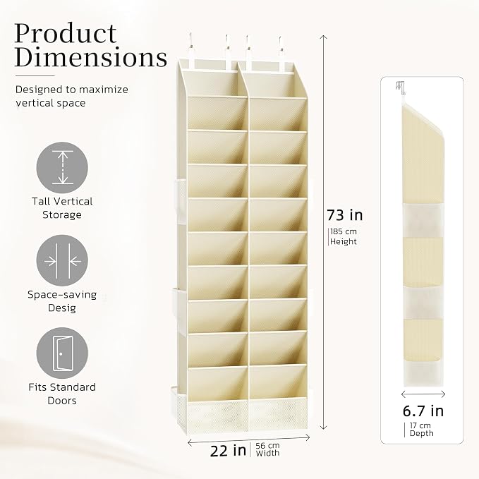 Criusia Over the Door Shoe Organizer, 20-30 Pairs Heavy-Duty Hanging Shoe Storage with Large Pockets, 10-Tier Door Shoe Rack with 4 Hooks for Sneakers Sandals Heels Boots (Beige)
