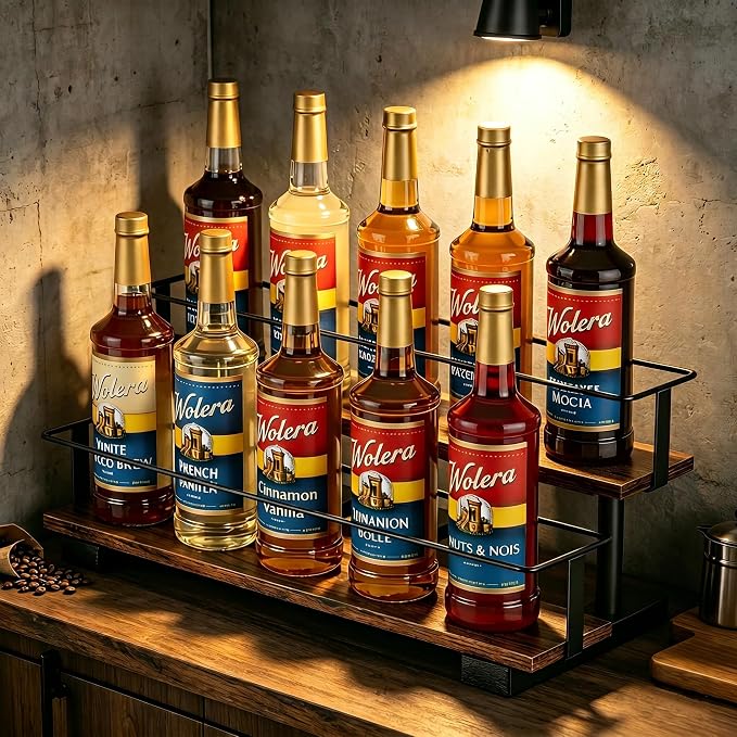 2-Tier Coffee Syrup Rack with Iron Frame, Holds 10 Bottles | Step shelf for coffee bar, liquor bottle display, holds jars, wine, tea canisters, vintage decor.