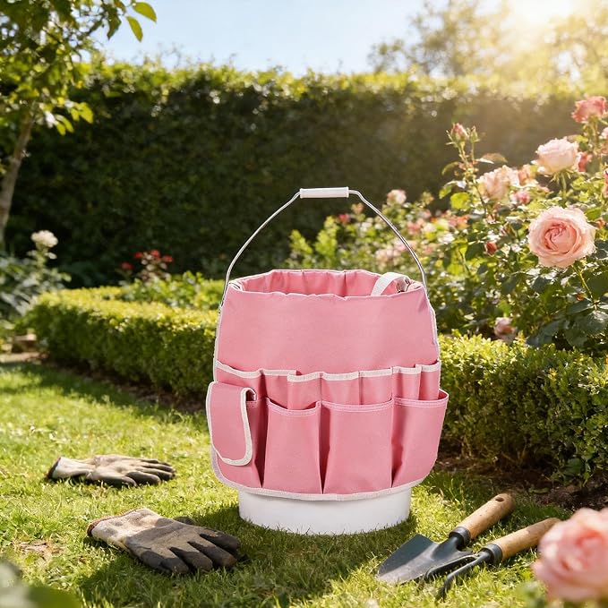 Gardening Tools Bucket Bag Tool Resistant Portable Gifts for Dad Bucket Tool Organizer for Garden Tools for Outdoor, Pink