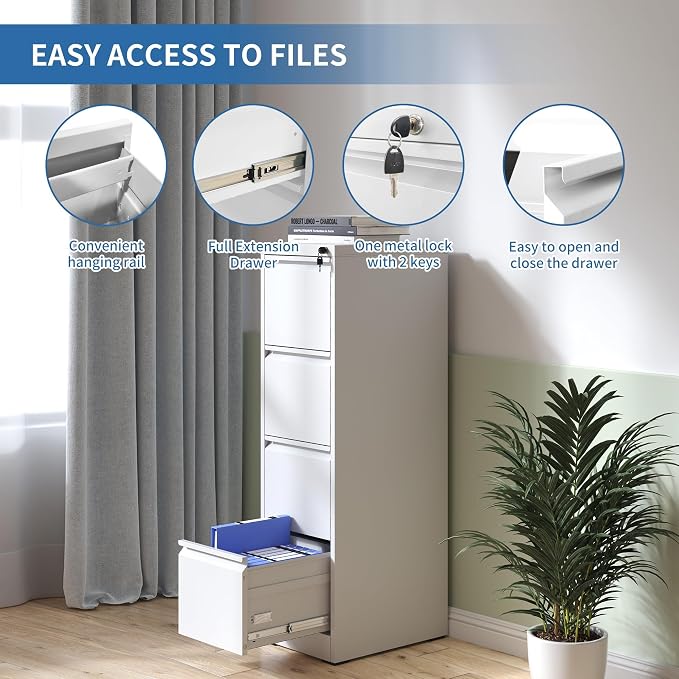 4 Drawer File Cabinet with Lock, Metal Vertical Filing Cabinets for Home Office, Heavy Duty File Storage Cabinet for Letter/Legal/A4/F4 Size File, Assembly Required, White
