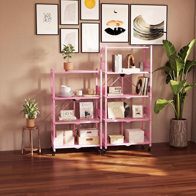WORKPRO 5-Tier Folding Shelf, No-Assembly Metal Storage Rack with Wheels, 750 lbs Capacity (with Leveling Feet), Collapsible Shelving Unit for Kitchen, Pantry, Closet & Craft Shows - Pink