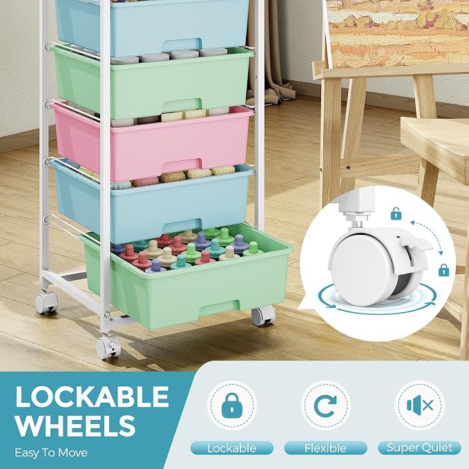Rolling Storage Cart with 6 Drawers and Wooden Tabletop, Lockable Wheels Utility Cart for Art Studios, Office Supplies & Craft Room Organization (Rainbow)