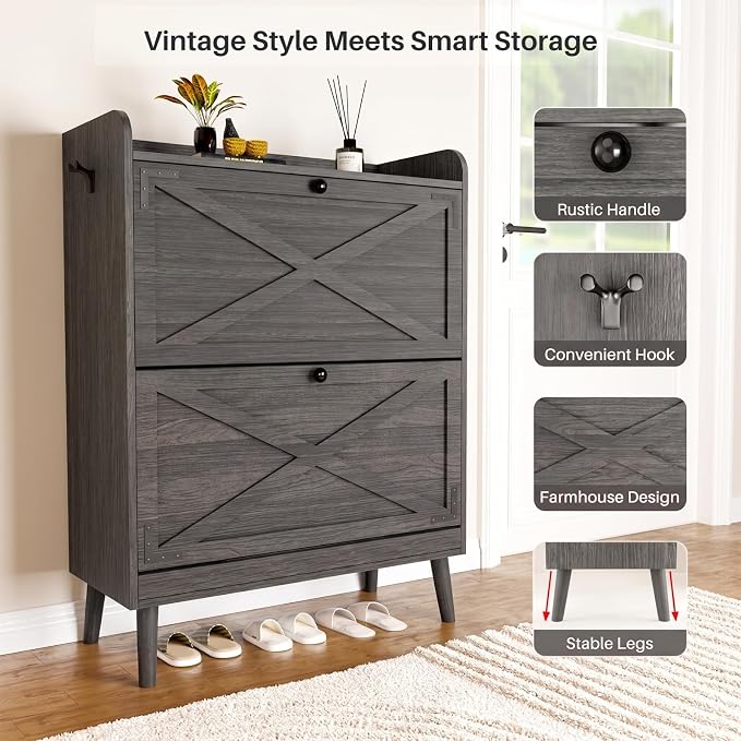 YZ HOME Shoe Storage Cabinet with 2 Flip Drawers, Entryway Shoe Cabinet with 2 Metal Hooks & Adjustable Shelves Freestanding Shoe Organizer Narrow Shoe Rack for Entrance Hallway Foyer Front Door
