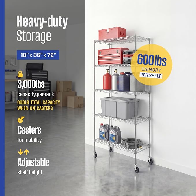 SafeRacks NSF 5-Tier Heavy Duty Steel Wire Rack w/Wheels (18"x36"x72")