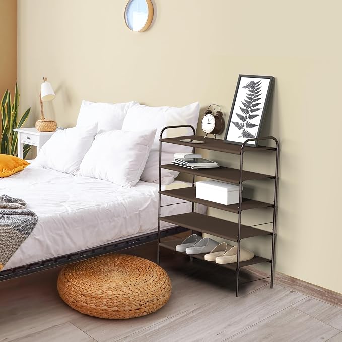 Simple Houseware 5-Tier Shoe Rack Storage Organizer, 15-24 Pairs, Bronze | Space-Saving Shoe Shelf with Sturdy Metal Frame and Non-Woven Fabric Shelves for Entryway, Garage & Corridor