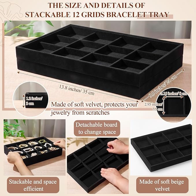 Cinnvoice 4 Pcs Stackable Jewelry Organizer Tray, 12 Grids Velvet Bracelet Ring Necklace Tray, Jewelry Organizer Trays for Drawer Display Selling Bangle Necklace Earring Showcase Storage(Black)